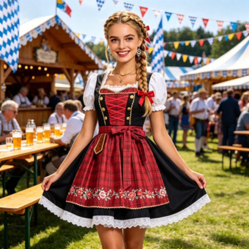 Beer & Wine Jockey Plaza Shopping - ชุดเดรสผู้หญิงสไตล์เยอรมันสำหรับงาน Oktoberfest, ชุดสาวเสิร์ฟเบียร์แบบดั้งเดิมสำหรับการแสดงบนเวทีฮาโลวีนและงานปาร์ตี้ธีมคาร์นิวัล