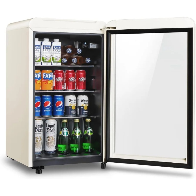 Wine Beer Mini Fridge - ตู้เย็นเครื่องดื่มสไตล์เรโทร ขนาด 3.2 คิว ตู้เย็นมินิพร้อมประตูกระจกสำหรับโซดา เบียร์