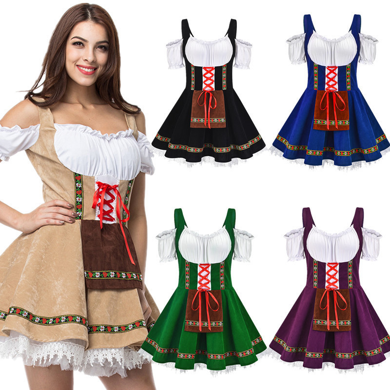 Beer & Wine Jockey Plaza Shopping - ชุดเดรสสไตล์พื้นเมืองสำหรับเทศกาล Oktoberfest ชุดเทศกาลเบียร์เยอรมัน ชุดมินิเดรสเปิดไหล่สำหรับผู้หญิง ชุดปาร์ตี้คอสเพลย์