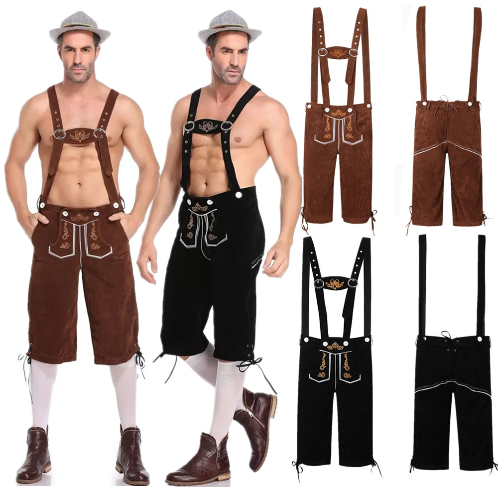 Beer & Wine Jockey Plaza Shopping - M-XXL ผู้ชายเยอรมัน Oktoberfest Lederhosen เครื่องแต่งกายสีดําสีน้ําตาล Suspenders