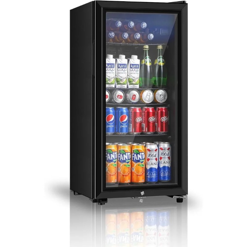 Wine Beer Mini Fridge - ตู้เย็นเครื่องดื่ม, ตู้เย็นขนาดเล็ก 3.2 คิว พร้อมประตูกระจกสองชั้น, ตู้แช่เย็นสำหรับโซดา
